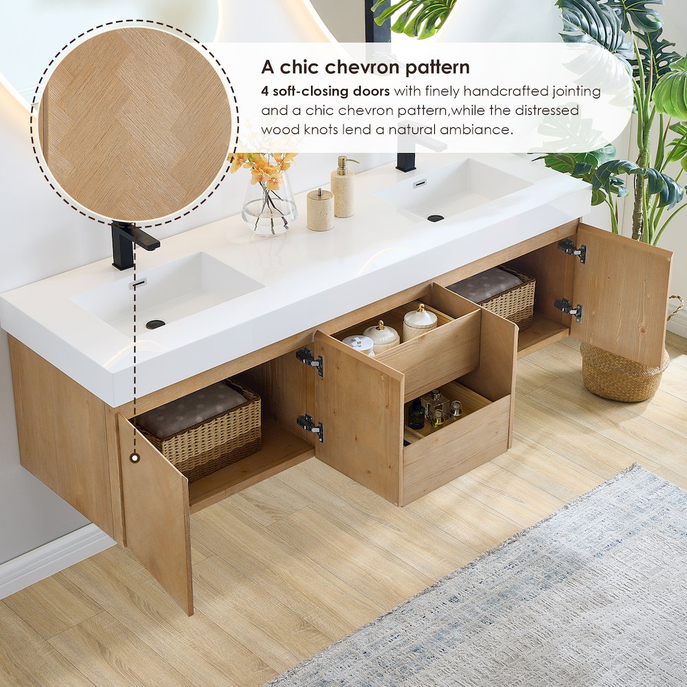 Double Bathroom Vanity in Light Brown White Artificial Drop-in Sink. Picture 7
