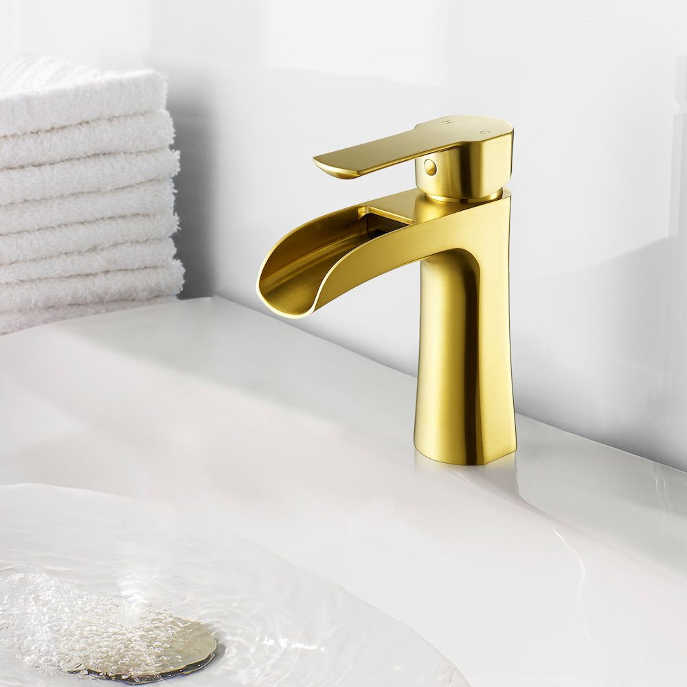 Single Hole Single-Handle Waterfall Bathroom Faucet in Brushed Gold. Picture 7