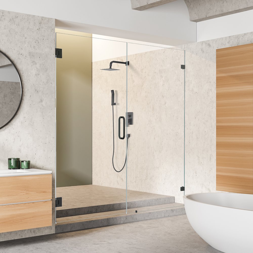 Frameless Hinged Shower Door in Matte Black with Clear Glass. Picture 6