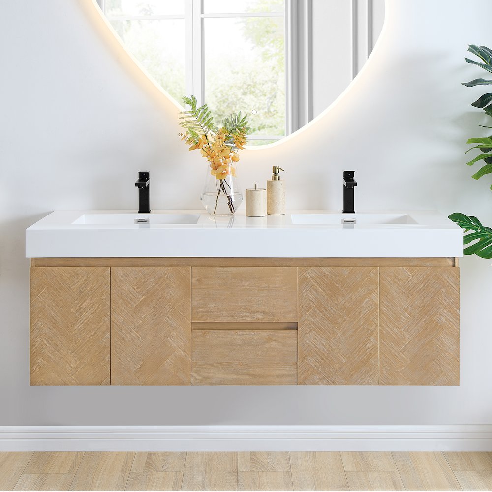 Double Bathroom Vanity in Light Brown White Artificial Drop-in Sink. Picture 3