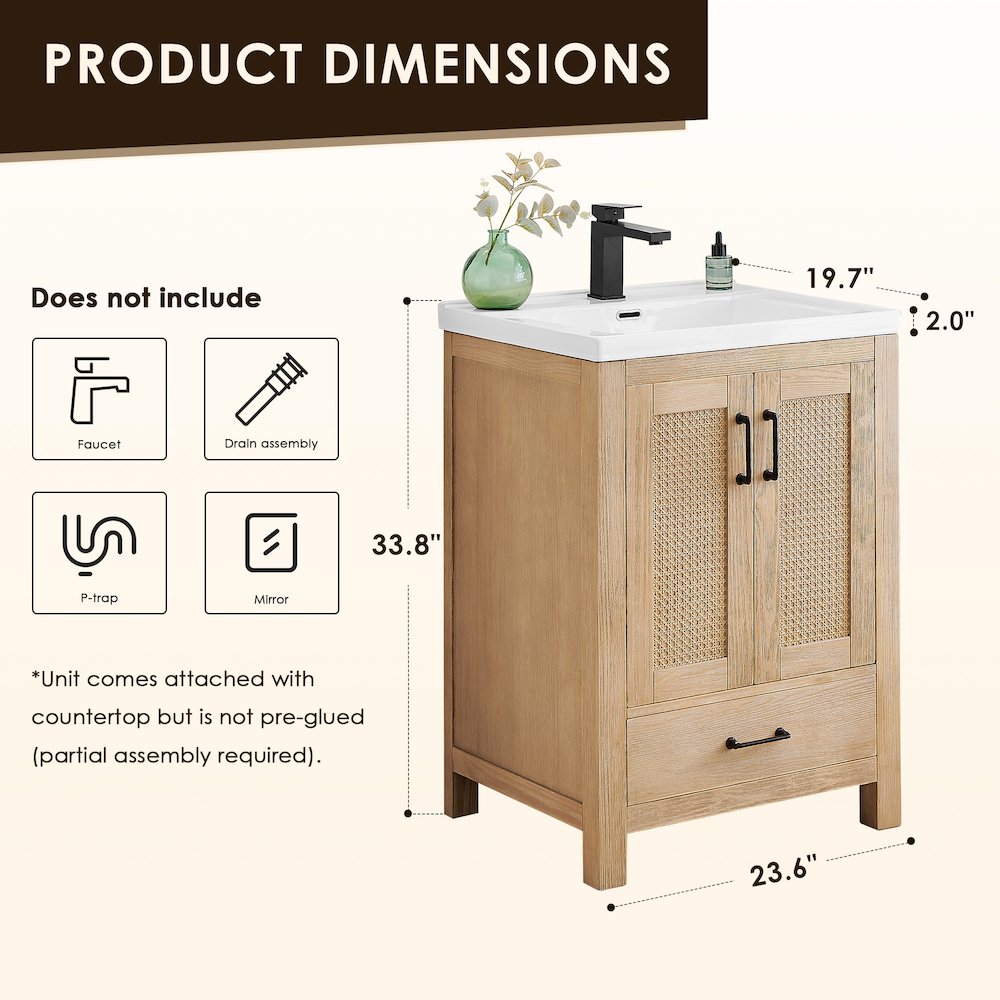 Single Bathroom Vanity in Light Brown White Ceramic Drop-in Sink. Picture 11
