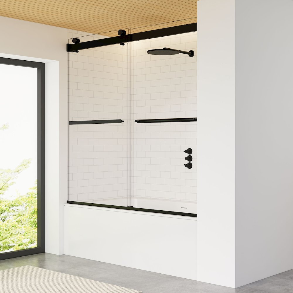 Marcelo 60" W x 58" H By Pass Frameless Tub Door in Matte Black with Clear Glass. Picture 5