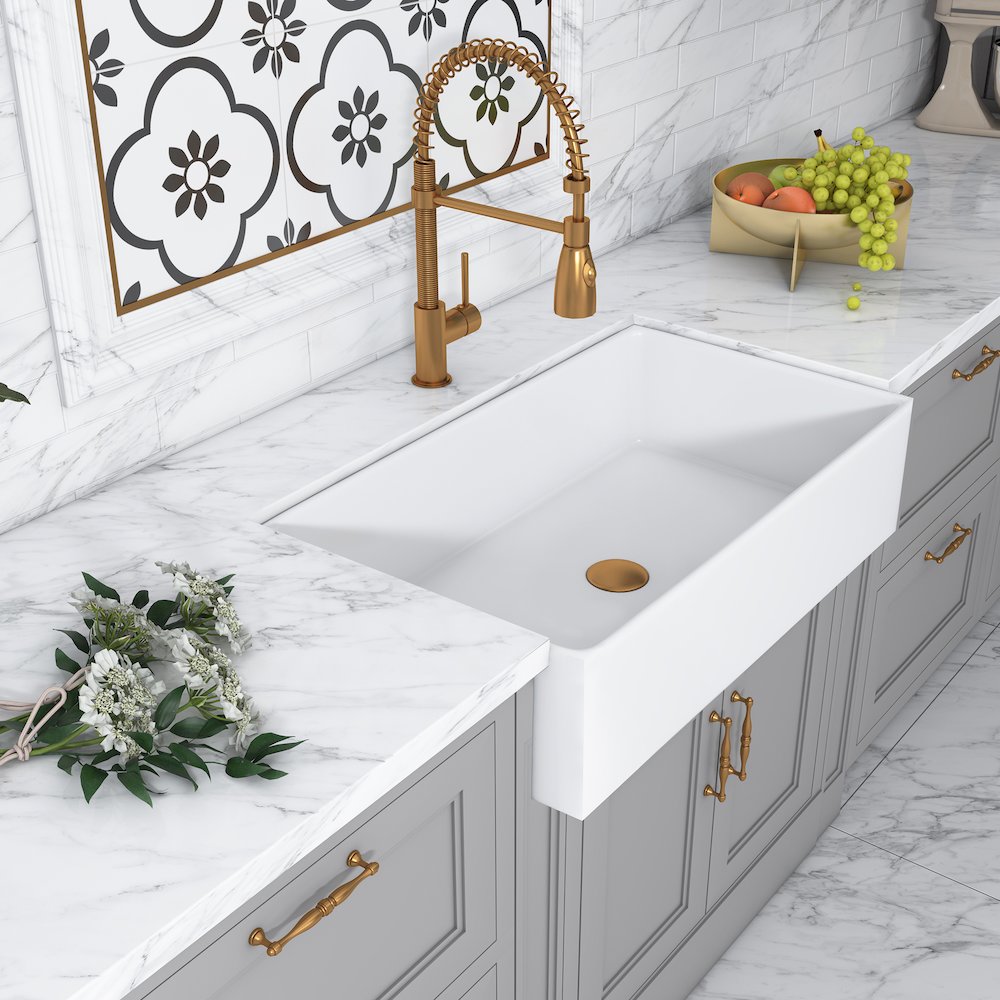 Kosula Glossy White Ceramic Rectangular 36" L x 19.8" W Farmhouse Sink. Picture 6