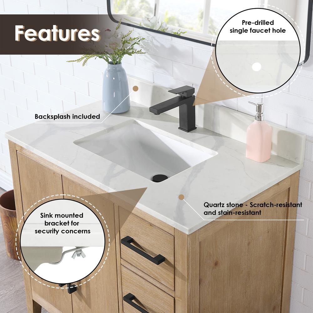 Arbios 36. in Quartz Stone Vanity Top in Calacatta White with White Sink. Picture 6