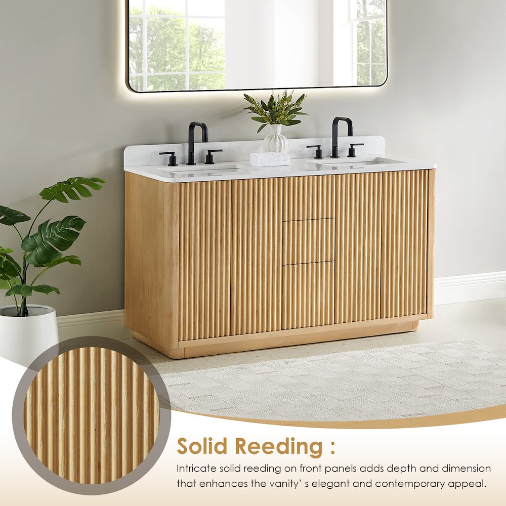 60" Double Bathroom Vanity in Washed Light Brown with Grain White. Picture 6
