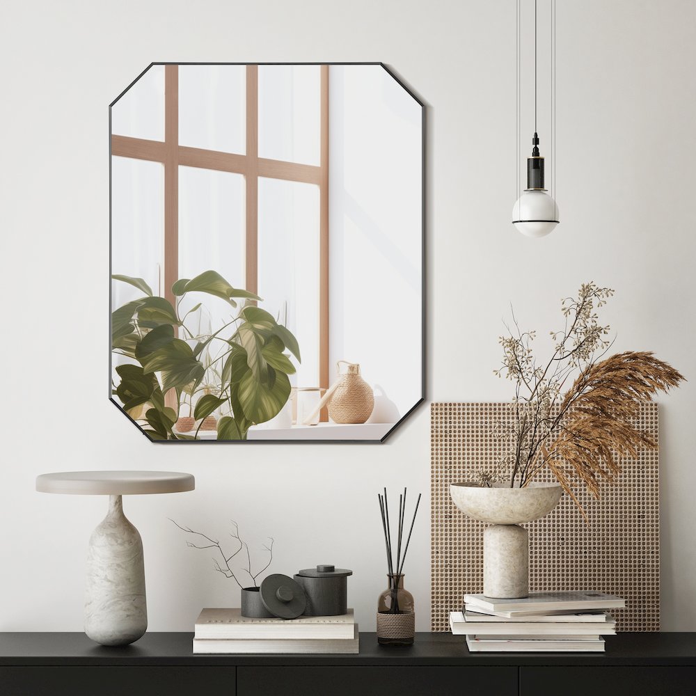 36"x30" Octagon Aluminum Framed in Matte Black Modern Bathroom Wall Mirror. Picture 7