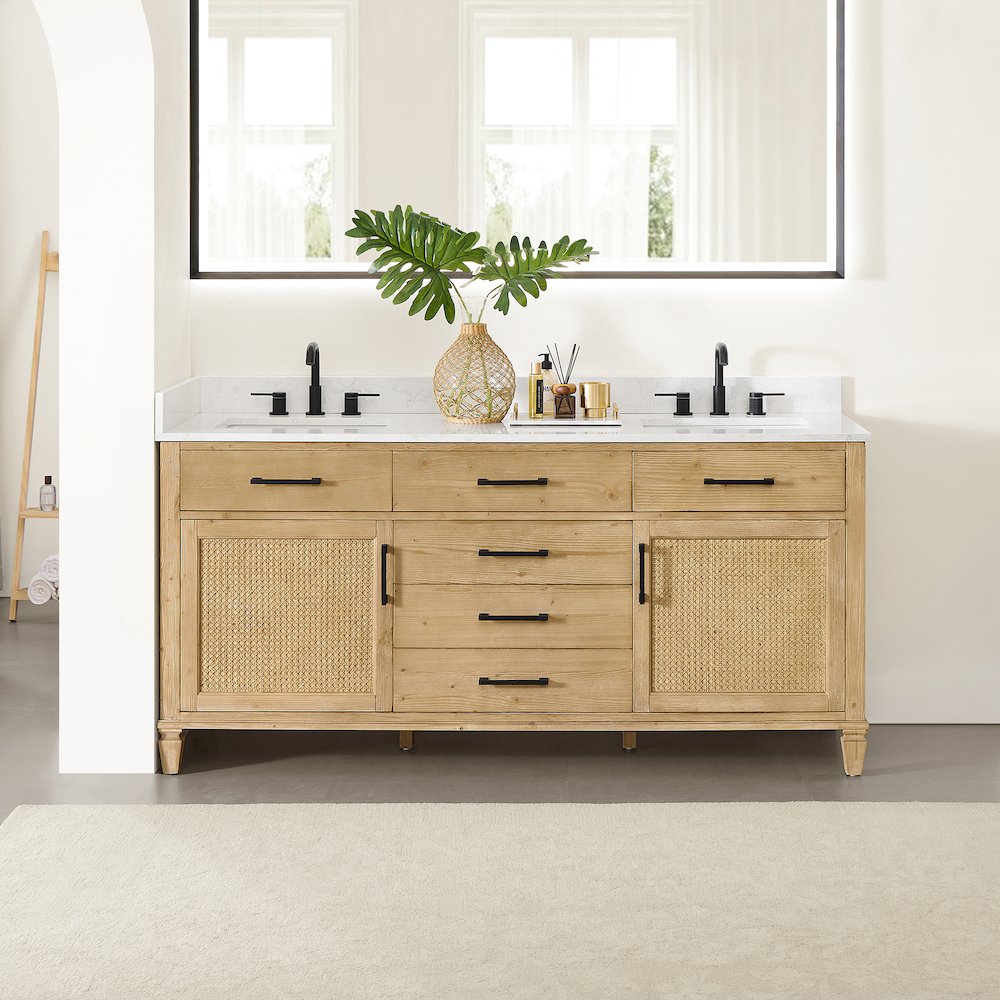 72" Double Bathroom Vanity in with Grain White Engineered Stone Countertop. Picture 2