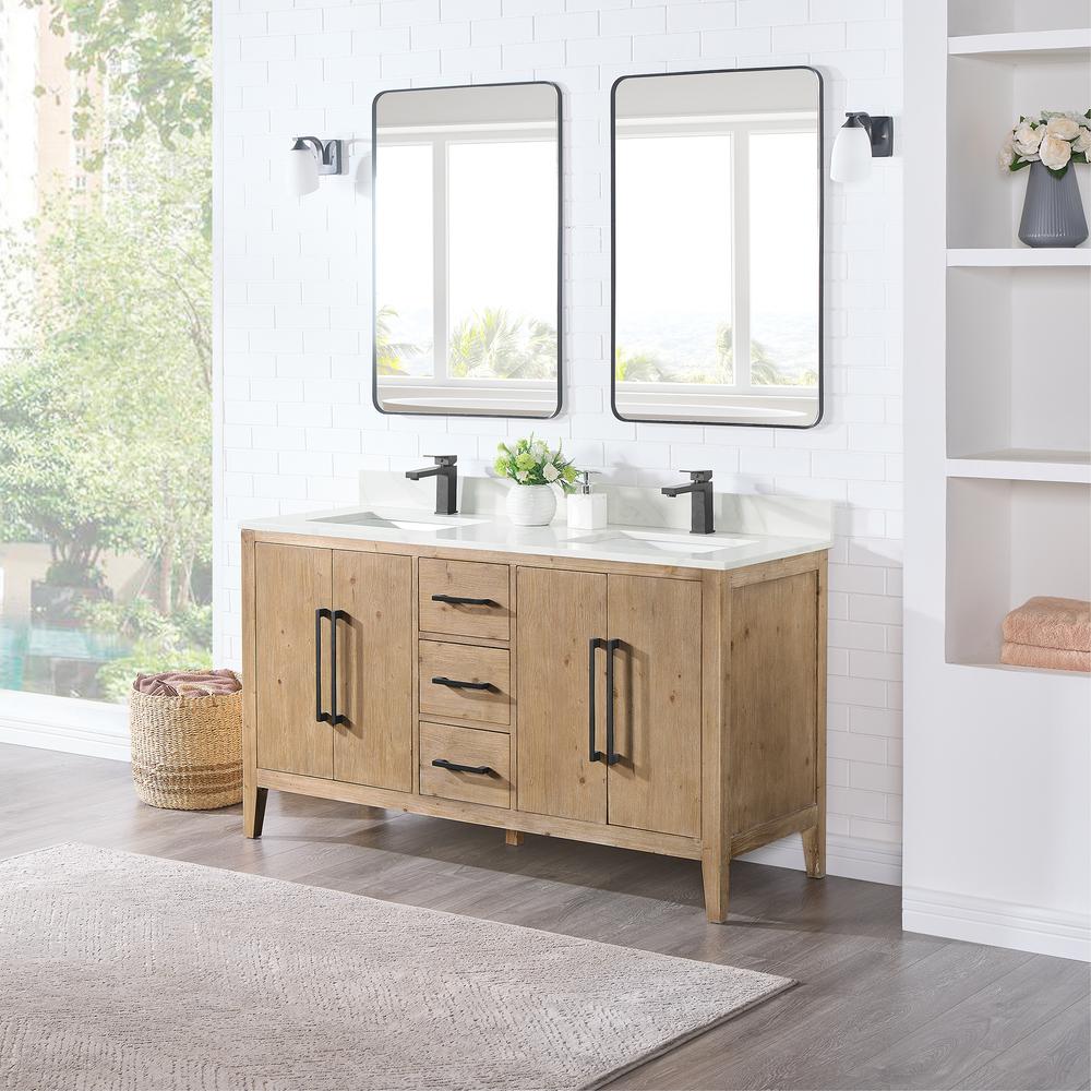 Double Bathroom Vanity in Weathered Fir with Stone Countertop with Mirror. Picture 3