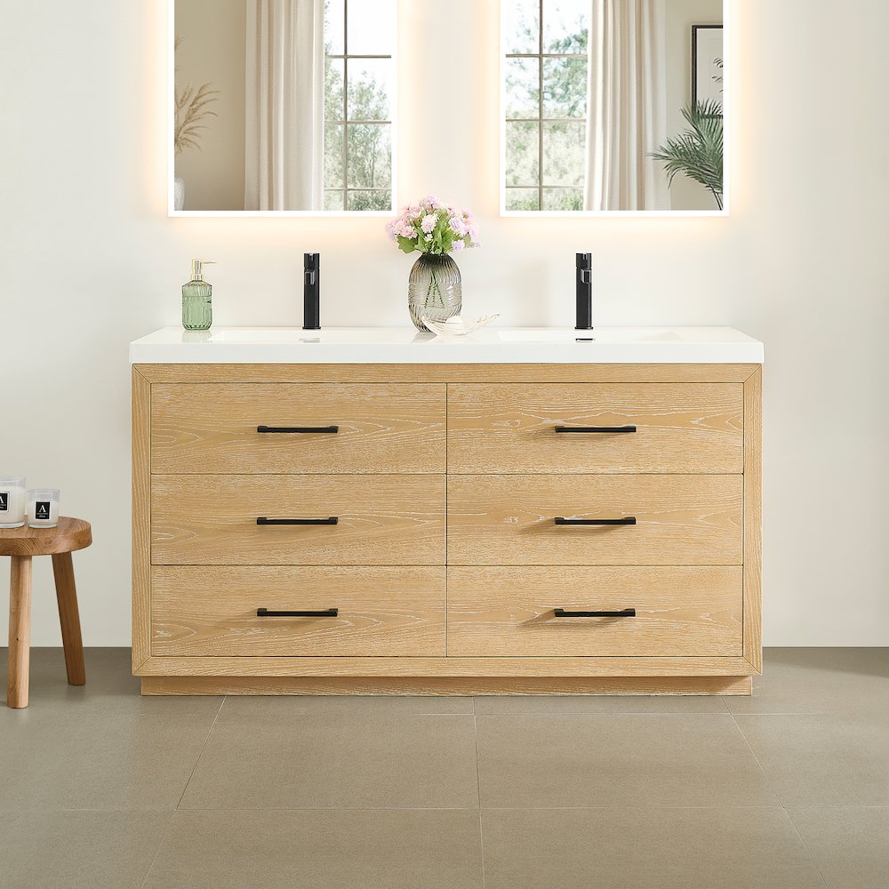 60" Double Bathroom Vanity in White Oak with White Artificial Drop-in Sink. Picture 2
