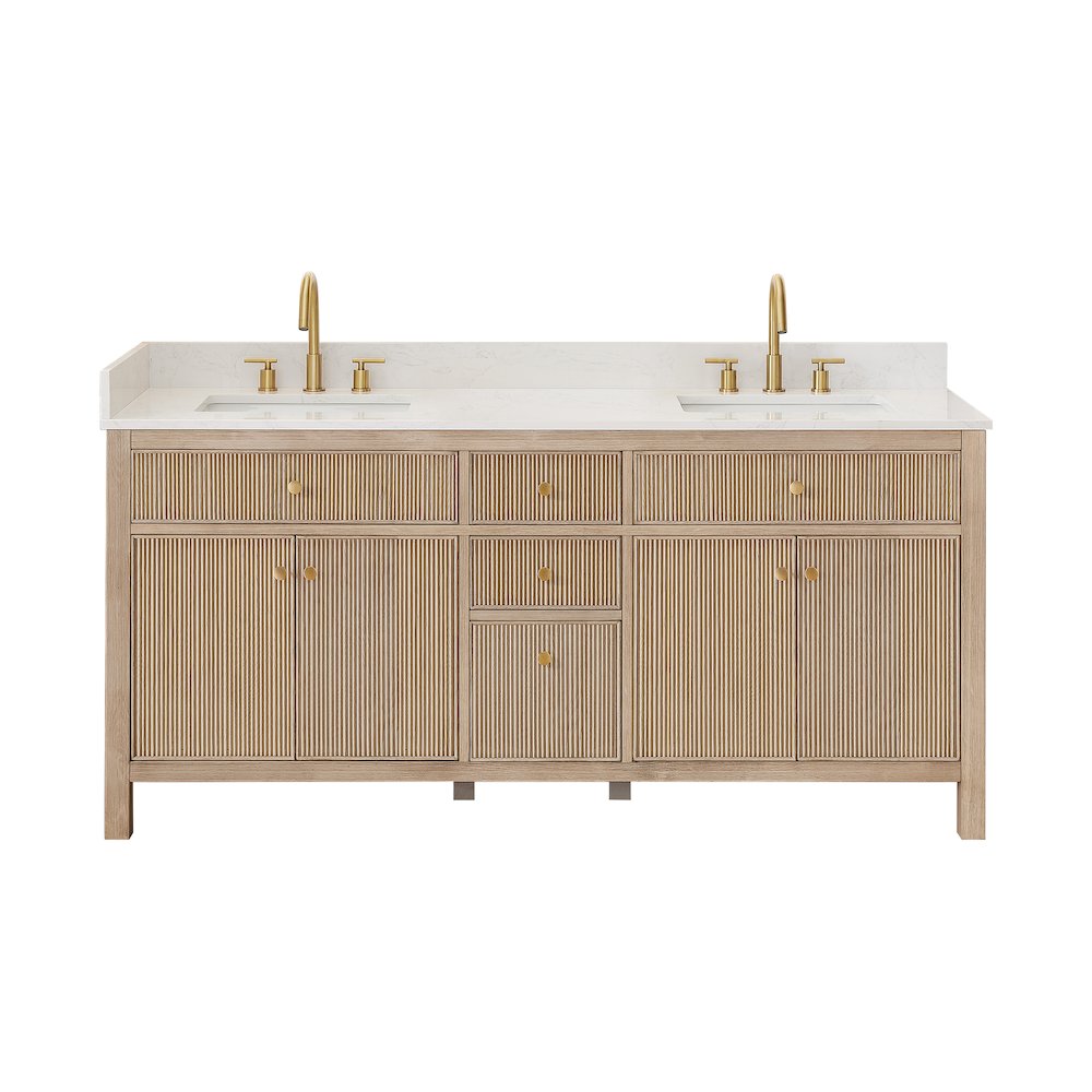 Double Bathroom Vanity in Nature Oak Grain White Engineered Stone Countertop. Picture 1