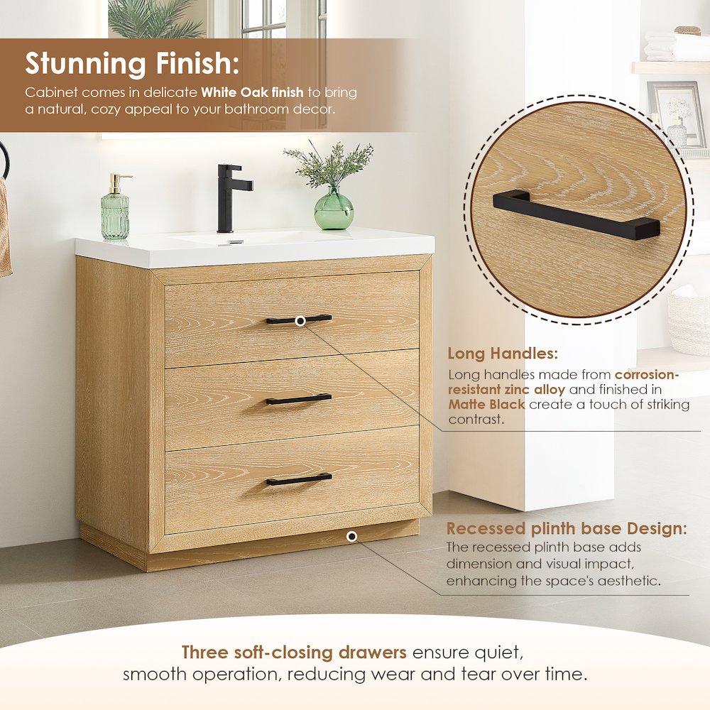 36" Single Bathroom Vanity in White Oak with White Artificial Drop-in Sink. Picture 9