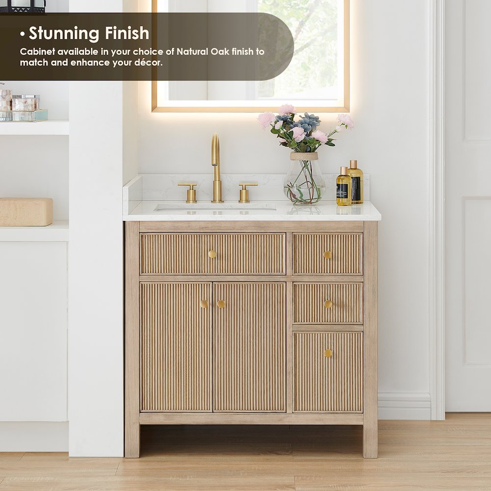 Single Bathroom Vanity in Nature Oak Grain White Engineered Stone Countertop. Picture 5