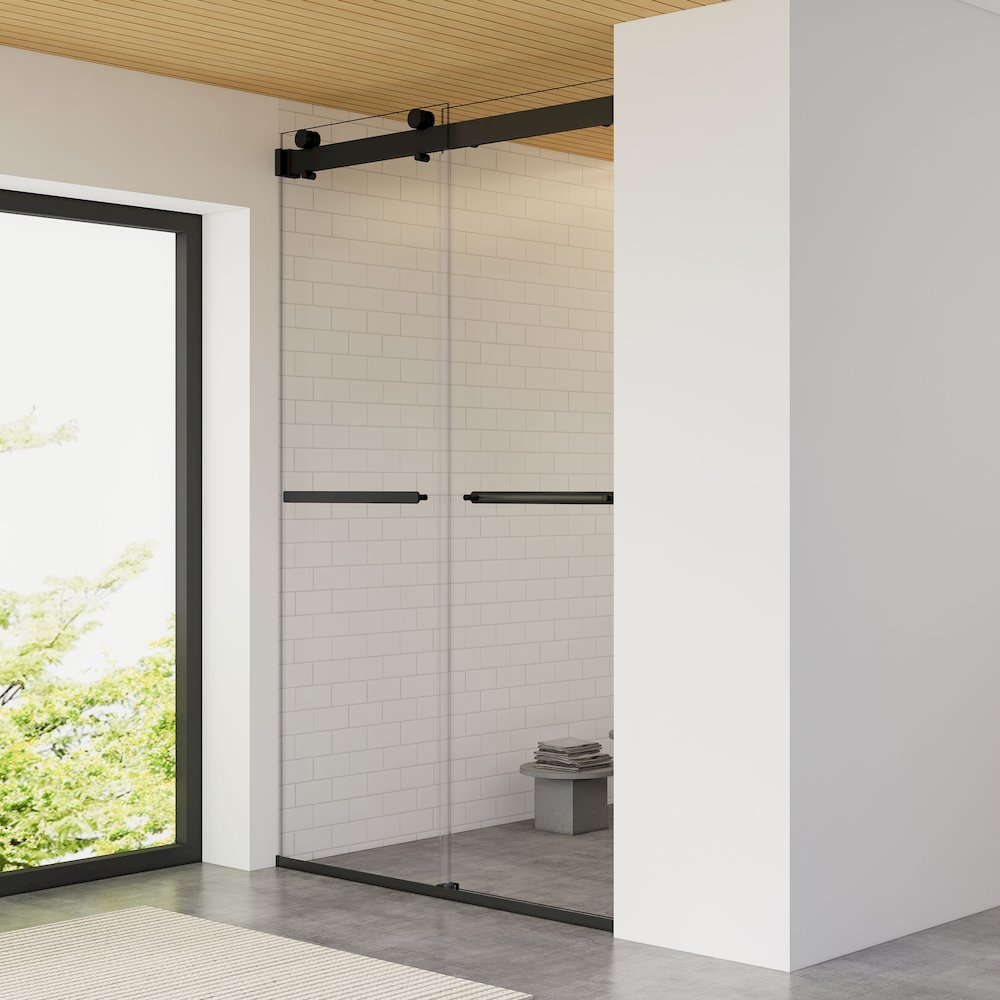 By Pass Frameless Shower Door in Matte Black with Clear Glass. Picture 5