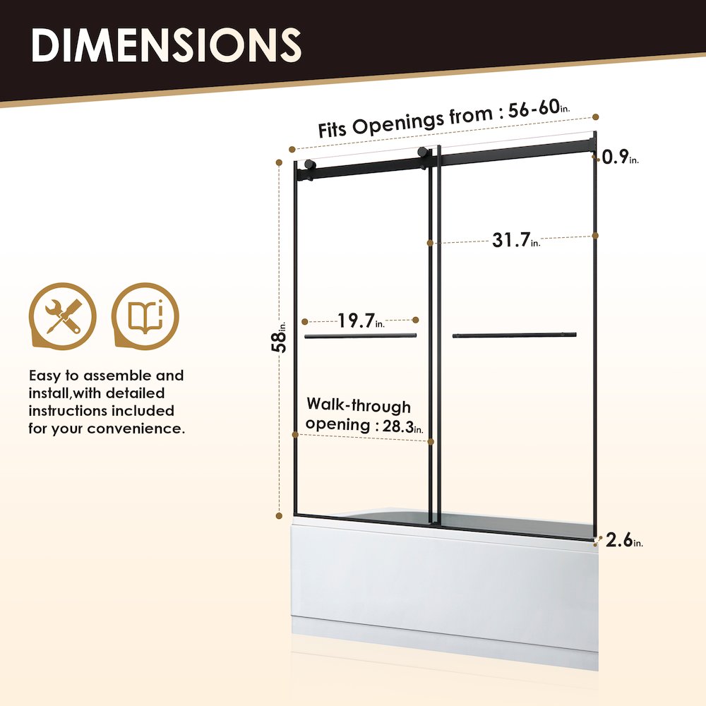 Frameless Exposed Roller Tub Door in Matte Black with Clear Glass. Picture 13