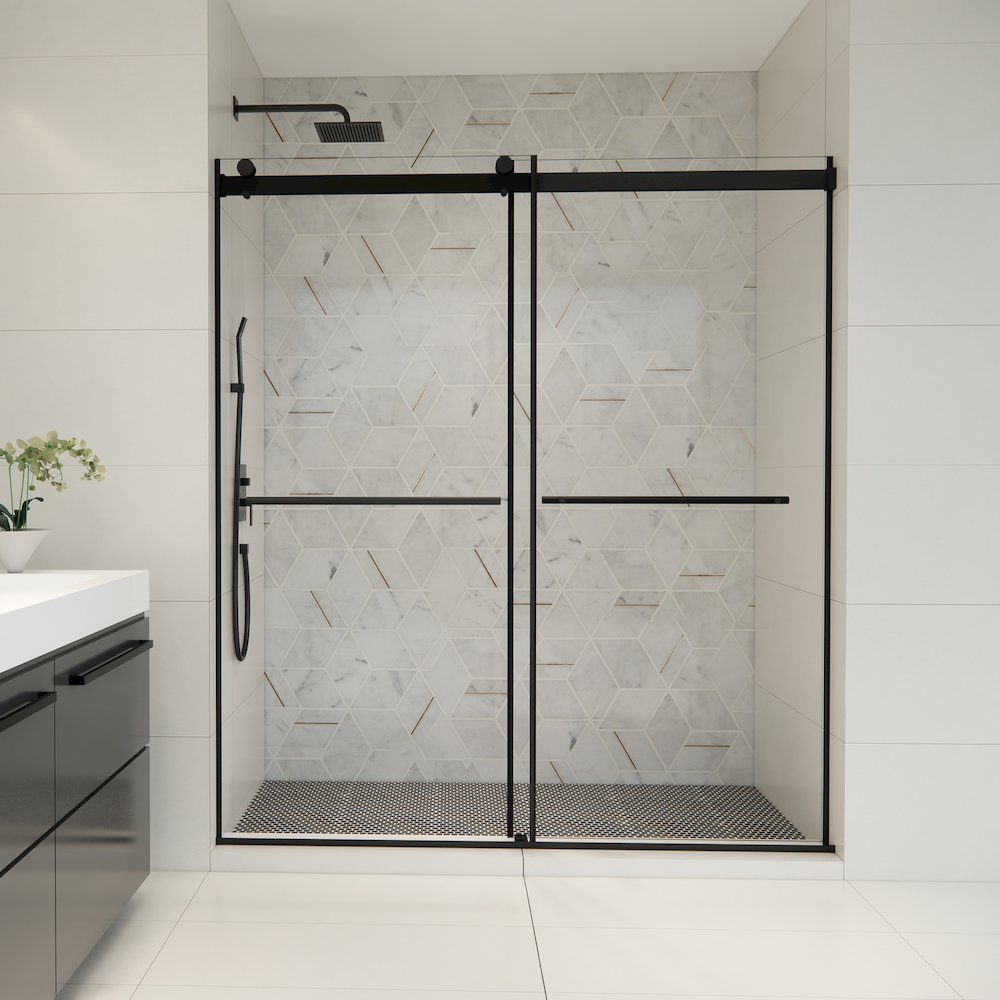 Frameless Exposed Roller Shower Door in Matte Black with Clear Glass. Picture 3