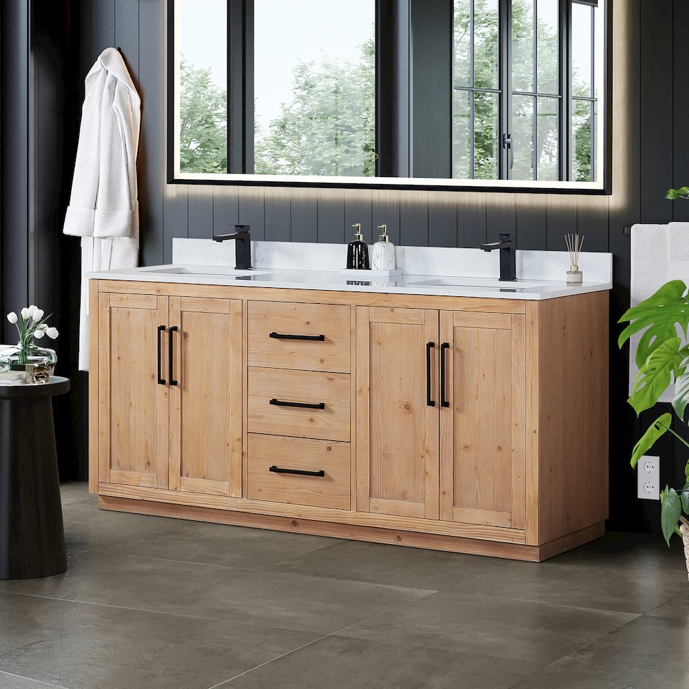 72" Double Bathroom Vanity with Grain White Countertop without Mirror. Picture 3