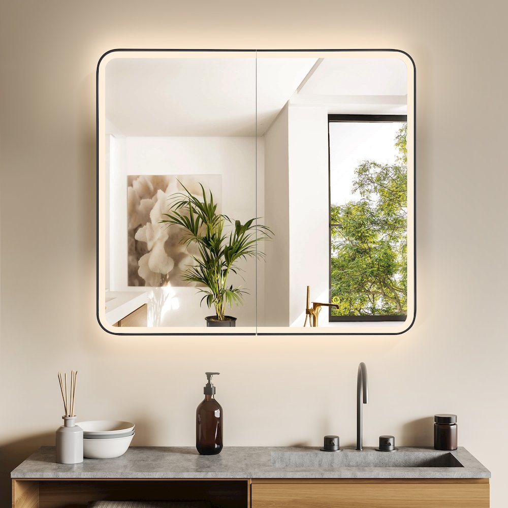 36"x32" Rectangular Bathroom Black Aluminum Mirror Medicine Cabinet. Picture 4