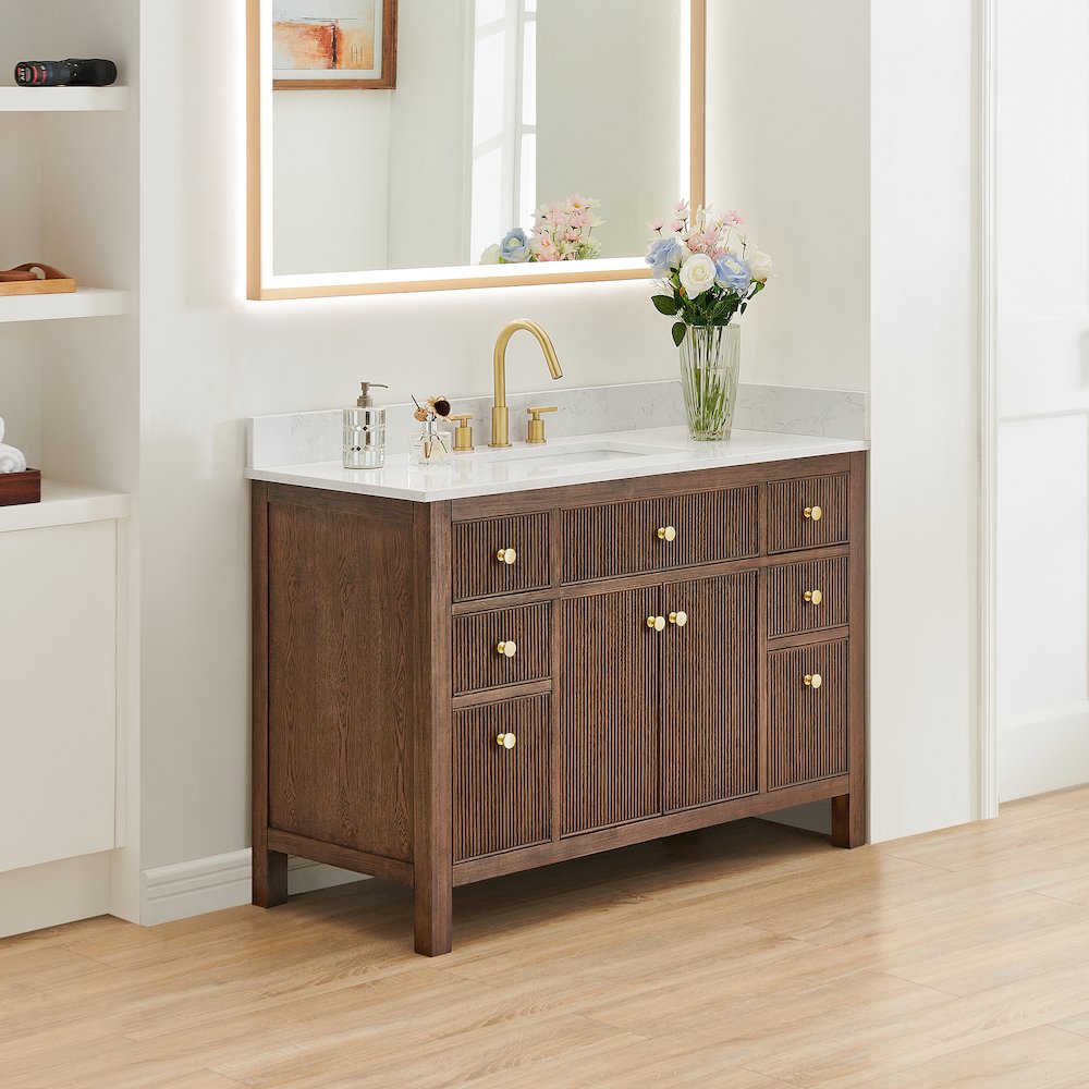 Single Bathroom Vanity in Brown Oak Grain White Engineered Stone Countertop. Picture 3