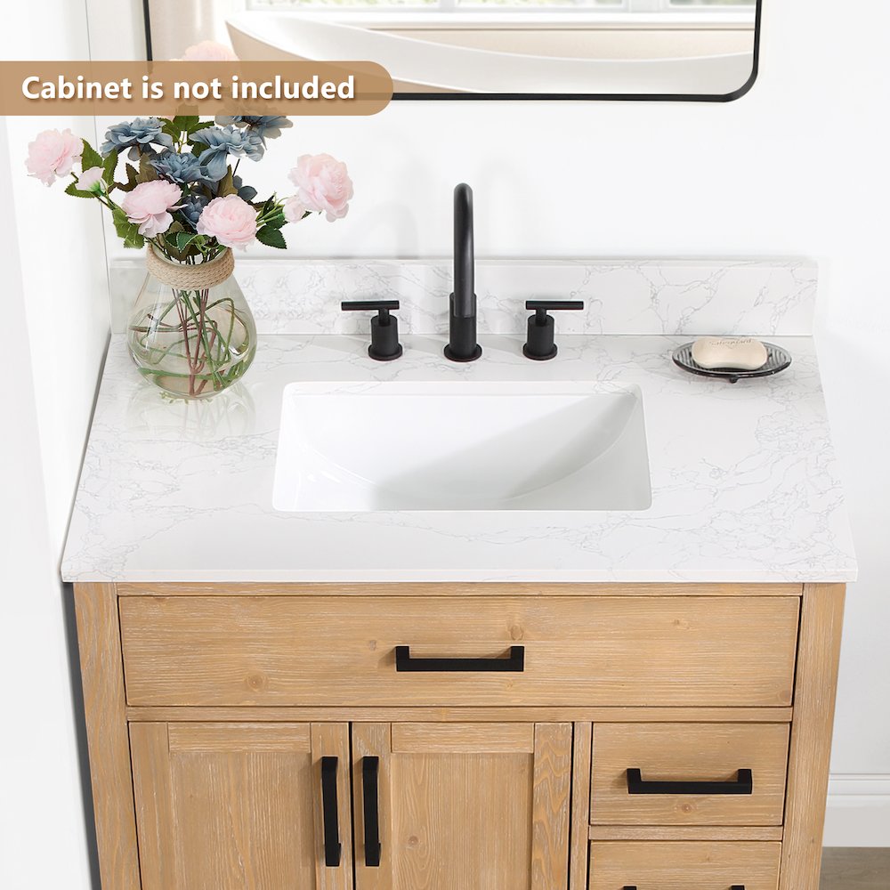 Ceres 37. in Engineered Stone Vanity Top in Grain White with Single White Sink. Picture 5