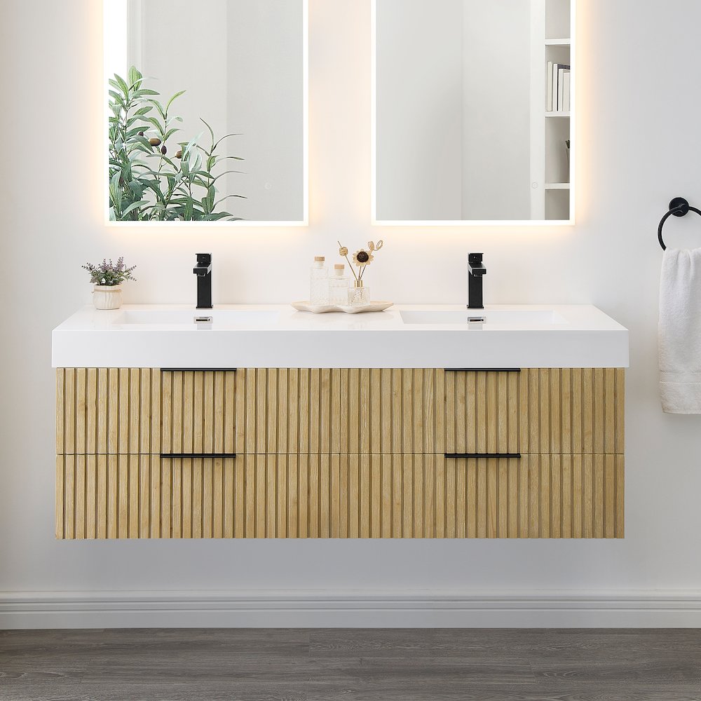 Double Bathroom Vanity in Nature Brown White Artificial Drop-in Sink. Picture 2