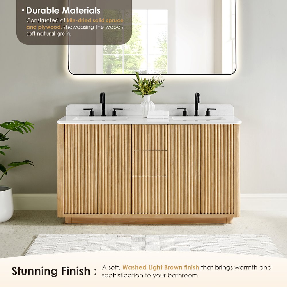 60" Double Bathroom Vanity in Washed Light Brown with Grain White. Picture 5