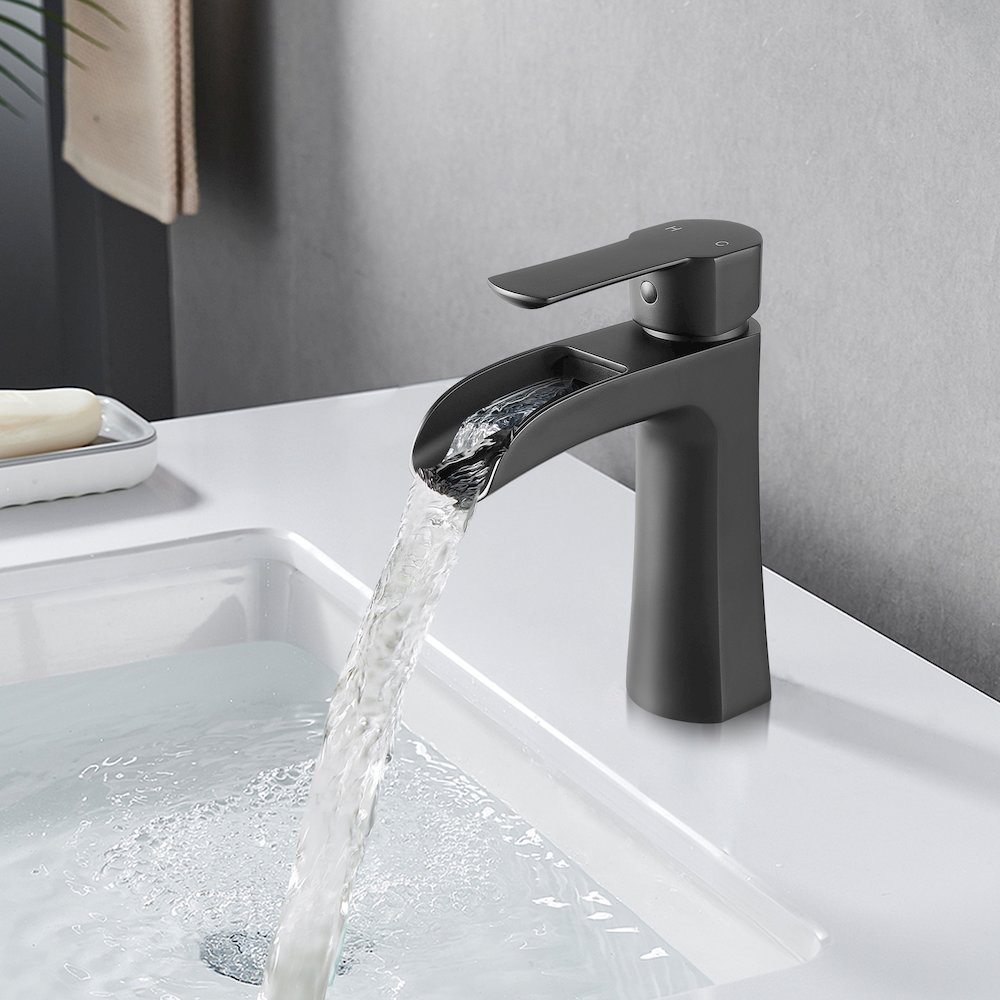 Single Hole Single-Handle Waterfall Bathroom Faucet in Matte Black. Picture 6