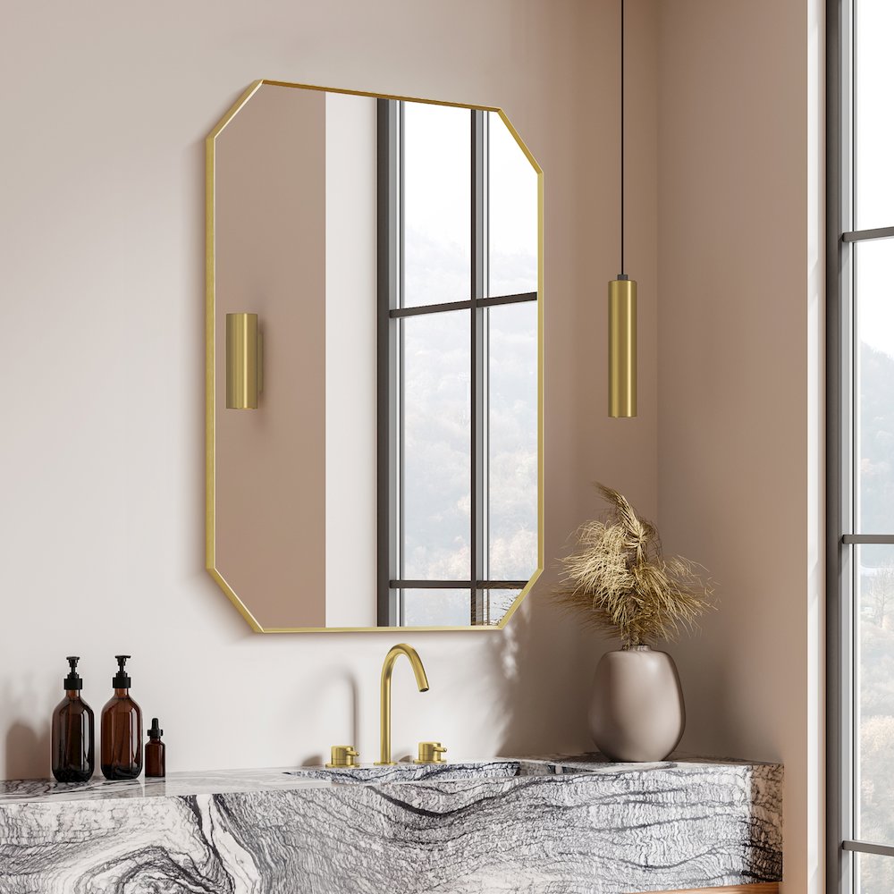 36"x30" Octagon Aluminum Framed in Brushed Gold Modern Bathroom Wall Mirror. Picture 6