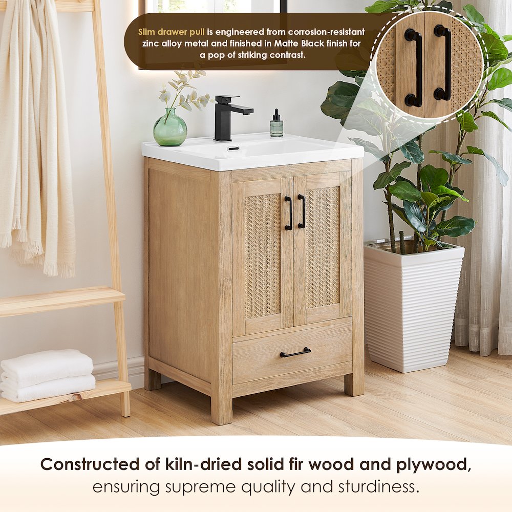 Single Bathroom Vanity in Light Brown White Ceramic Drop-in Sink. Picture 6