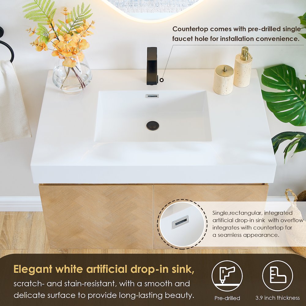 Single Bathroom Vanity in Light Brown White Artificial Drop-in Sink. Picture 7