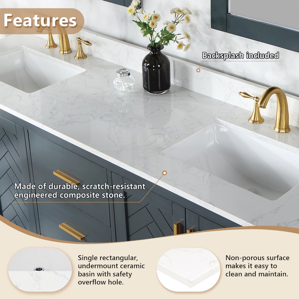 Ceres 73. in Engineered Stone Vanity Top in Grain White with Double White Sink. Picture 6
