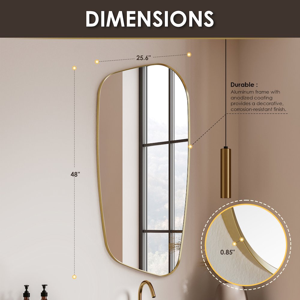 26"x48" Novelty Aluminum Framed in Brushed Gold Modern Bathroom Wall Mirror. Picture 12