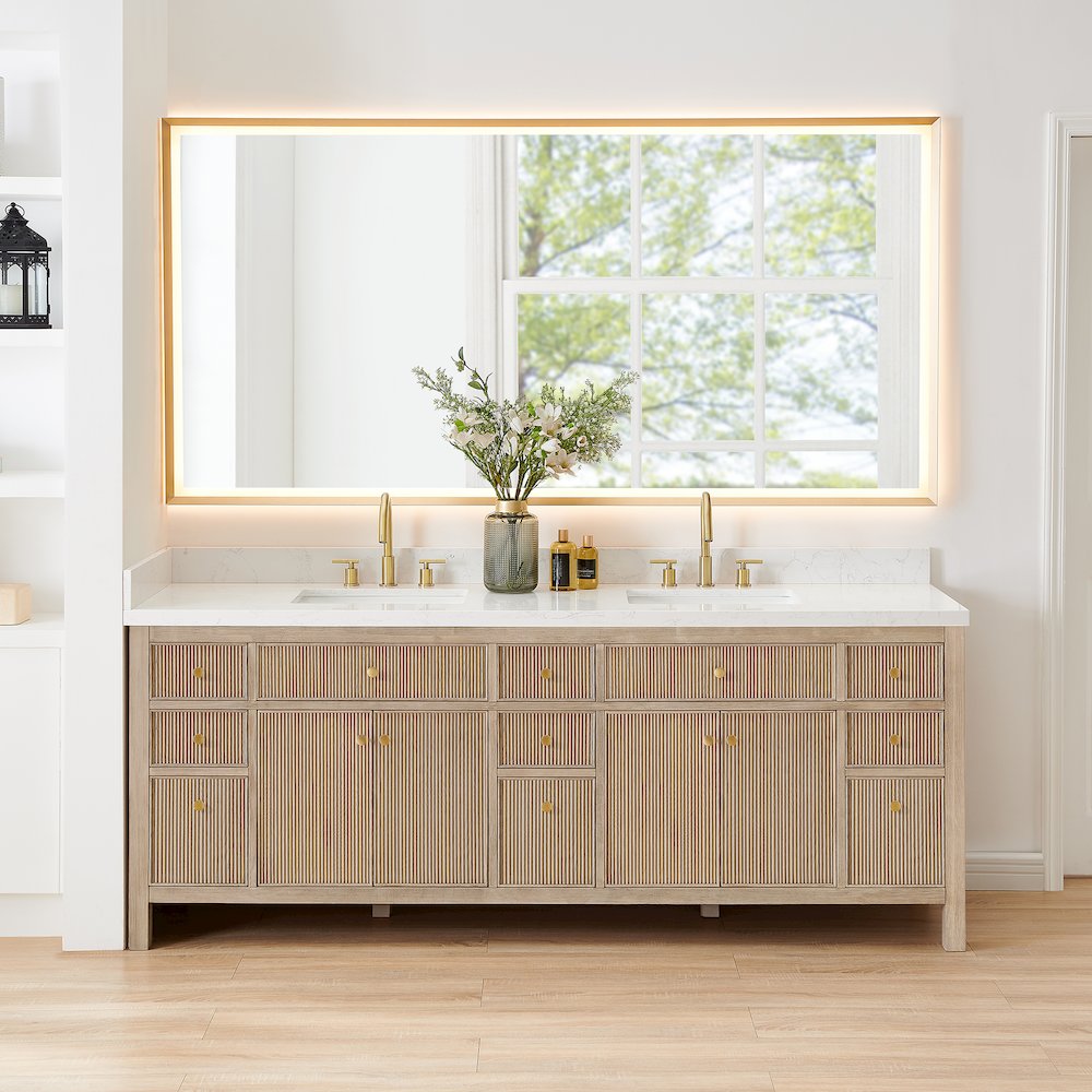 Double Bathroom Vanity in Nature Oak Grain White Engineered Stone Countertop. Picture 2