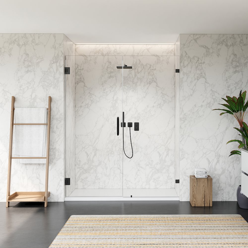 Frameless Hinged Shower Door in Matte Black with Clear Glass. Picture 3