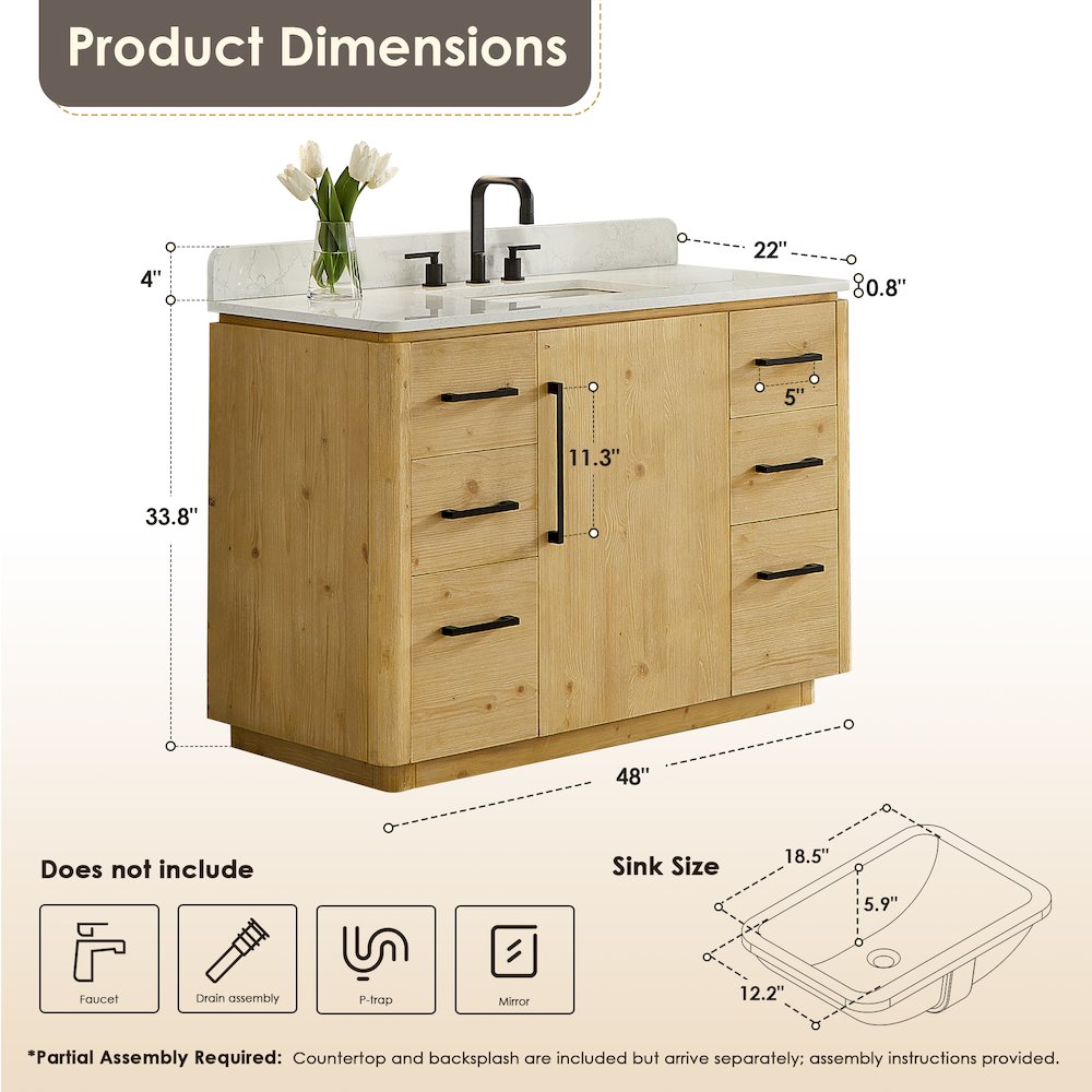 48" Single Bathroom Vanity in Nature Brown with Grain White. Picture 12