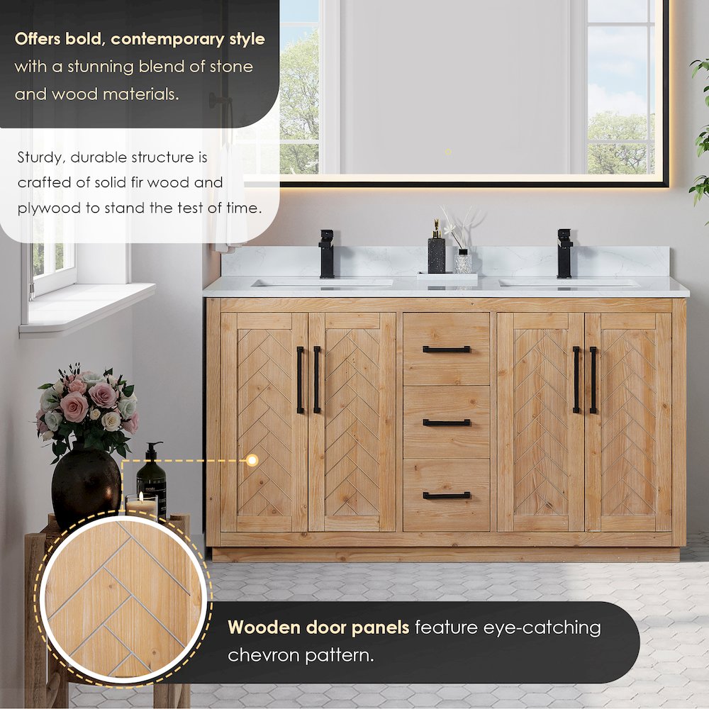 60" Double Bathroom Vanity with Grain White Countertop without Mirror. Picture 7