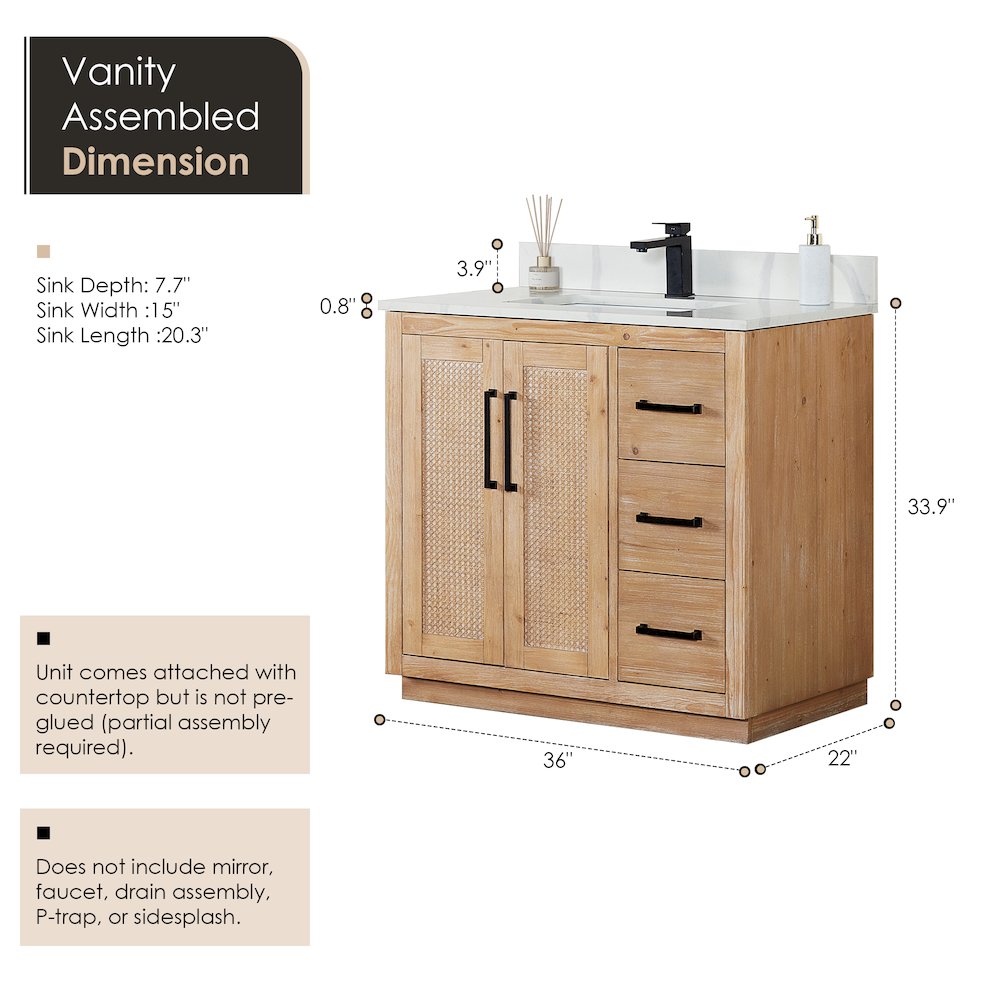 36" Single Bathroom Vanity with Calacatta White Quartz Countertop without Mirror. Picture 11