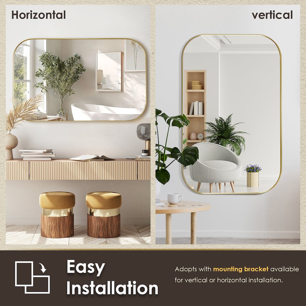 48x30" Rectangular Aluminum Framed in Brushed Gold Modern Bathroom Wall Mirror. Picture 13