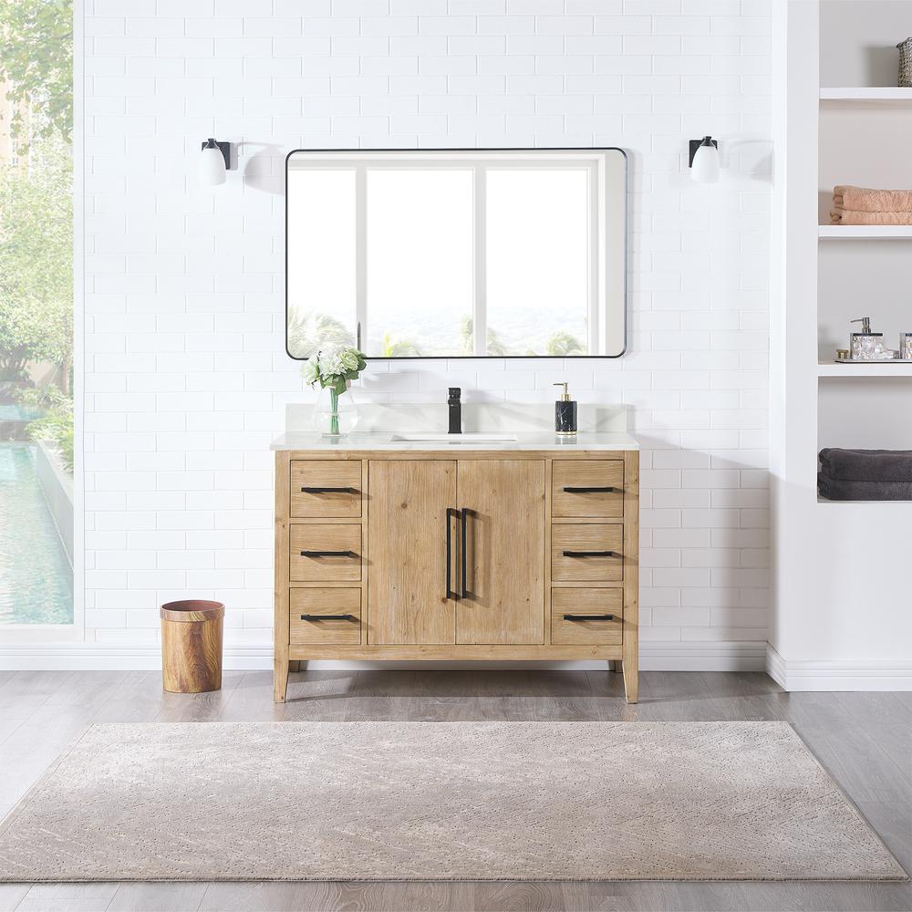 Single Bathroom Vanity in Weathered Fir with Stone Countertop with Mirror. Picture 2