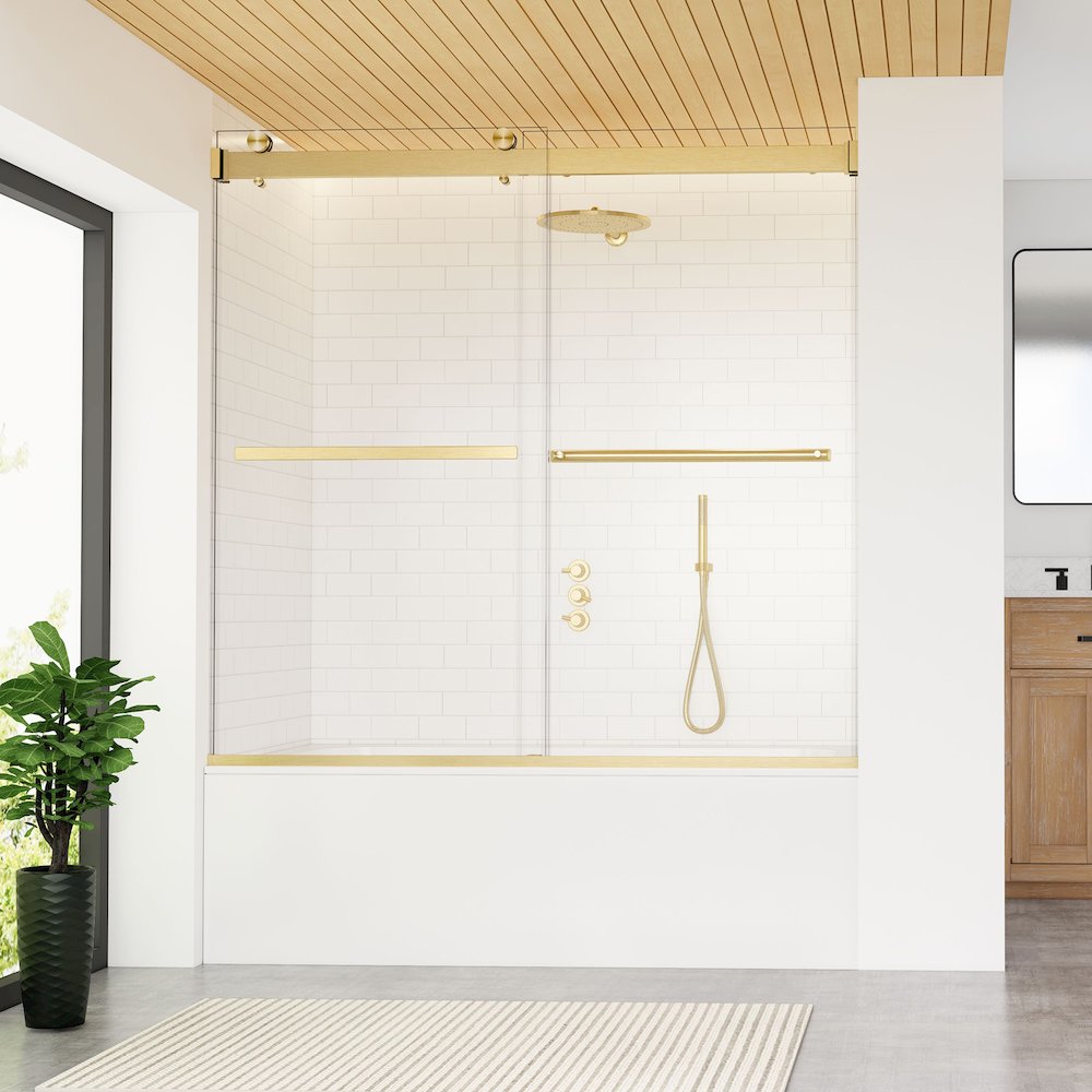 By Pass Frameless Tub Door in Brushed Gold with Clear Glass. Picture 1