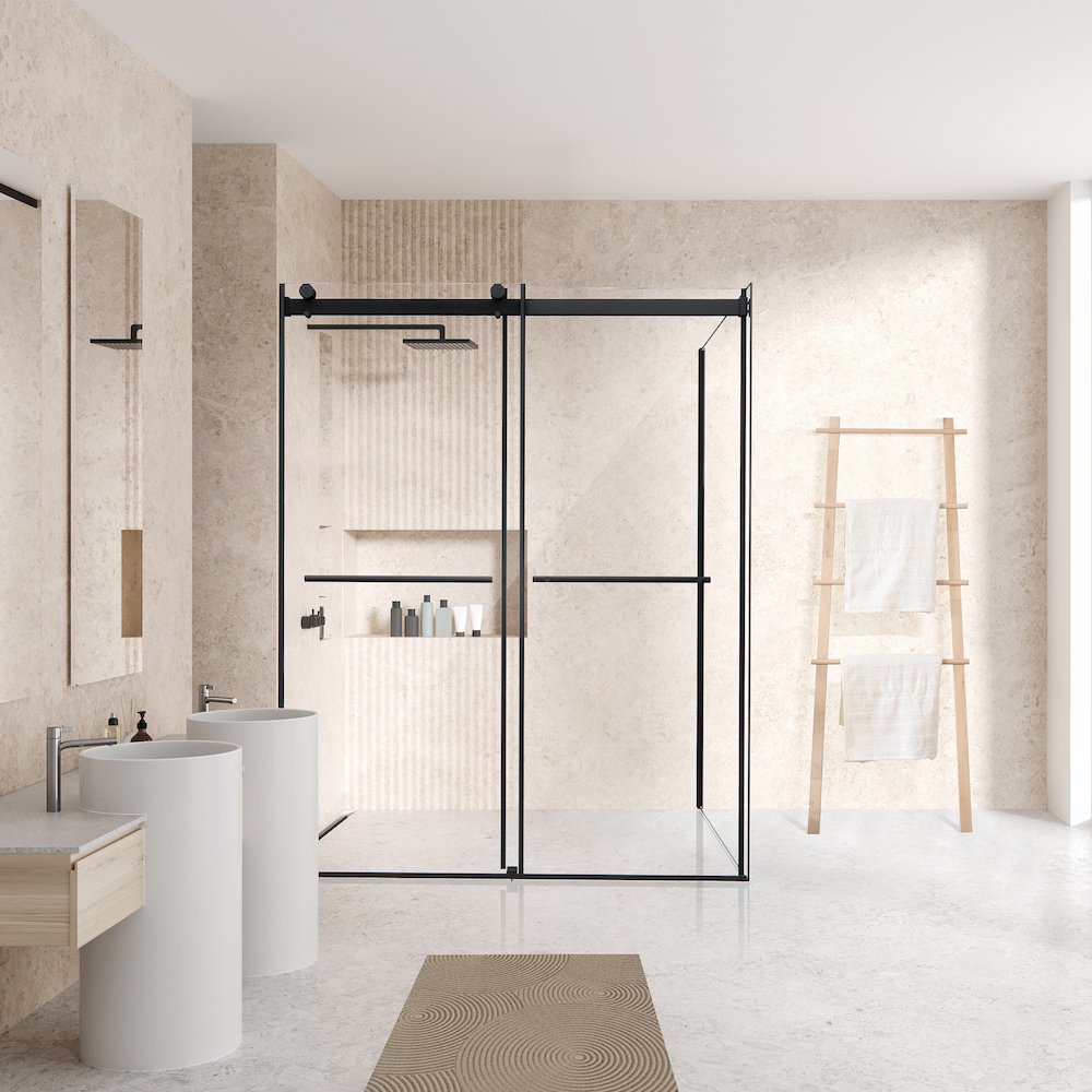 Frameless Exposed Roller Shower Enclosure in Matte Black with Clear Glass. Picture 5