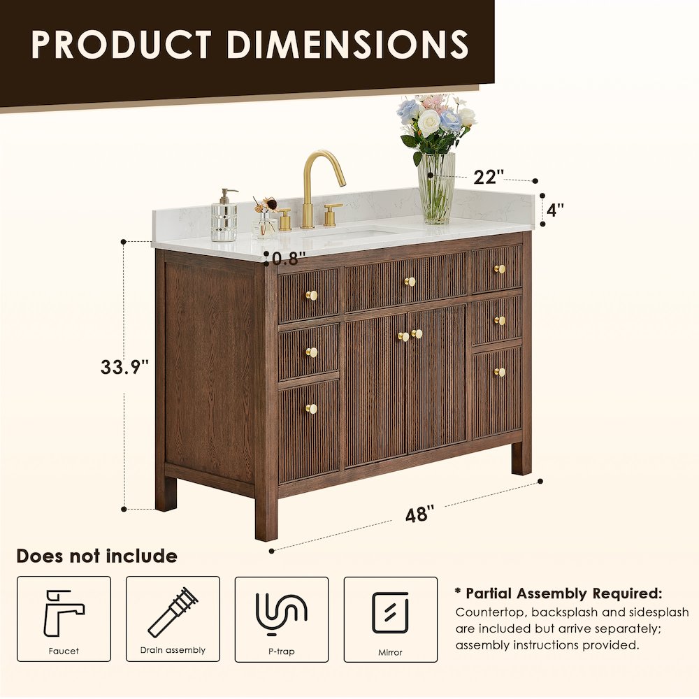 Single Bathroom Vanity in Brown Oak Grain White Engineered Stone Countertop. Picture 11