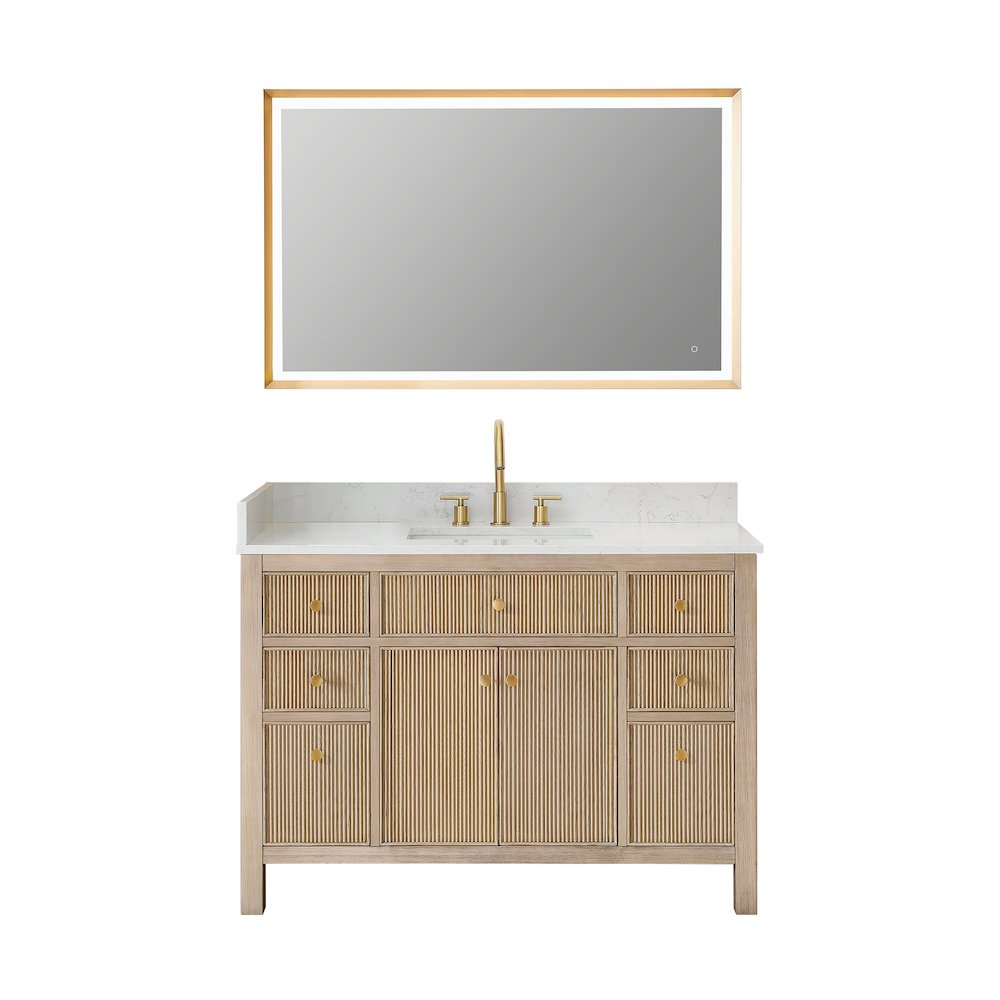 Single Bathroom Vanity in Nature Oak Grain White Engineered Stone Countertop. Picture 1