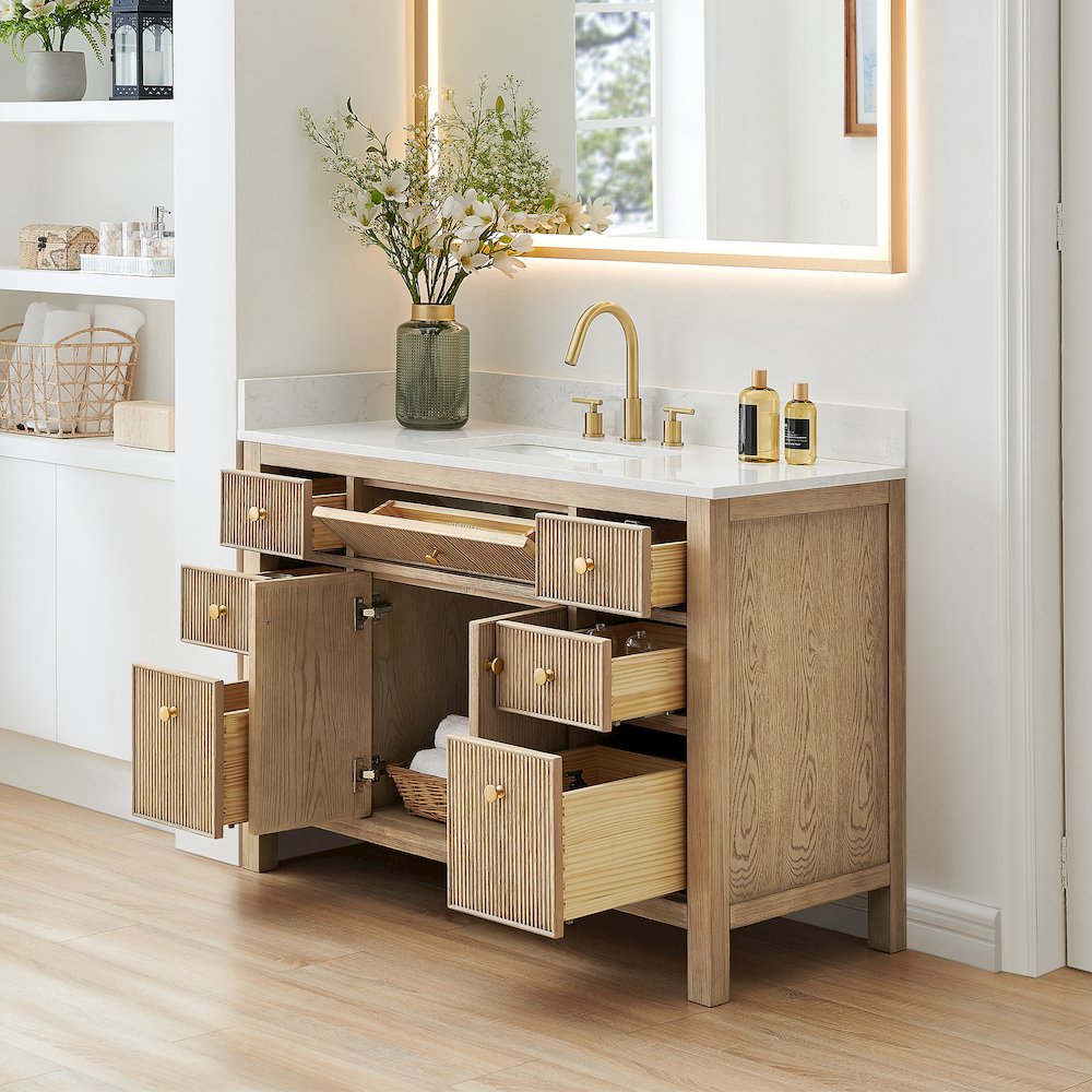 Single Bathroom Vanity in Nature Oak Grain White Engineered Stone Countertop. Picture 4