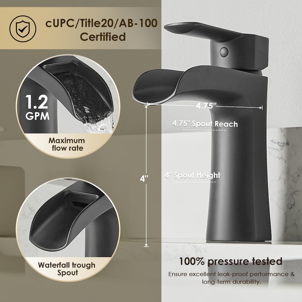 Single Hole Single-Handle Waterfall Bathroom Faucet in Matte Black. Picture 10