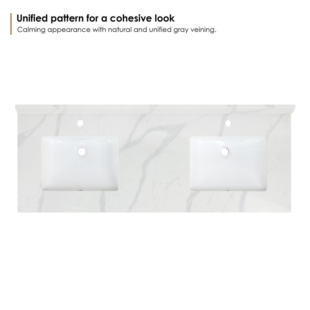 Arbios 60. in Quartz Stone Vanity Top in Calacatta White with White Sink. Picture 3