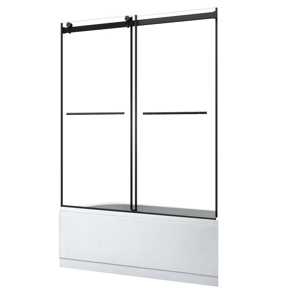 Frameless Exposed Roller Tub Door in Matte Black with Clear Glass. Picture 2