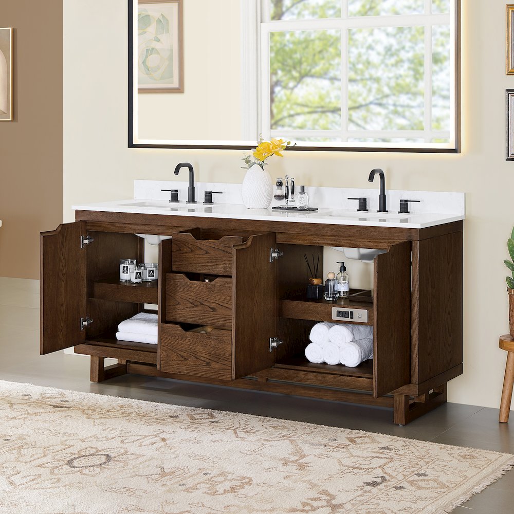 72" Double Bathroom Vanity in Brown Brushed Oak with Grain White. Picture 4