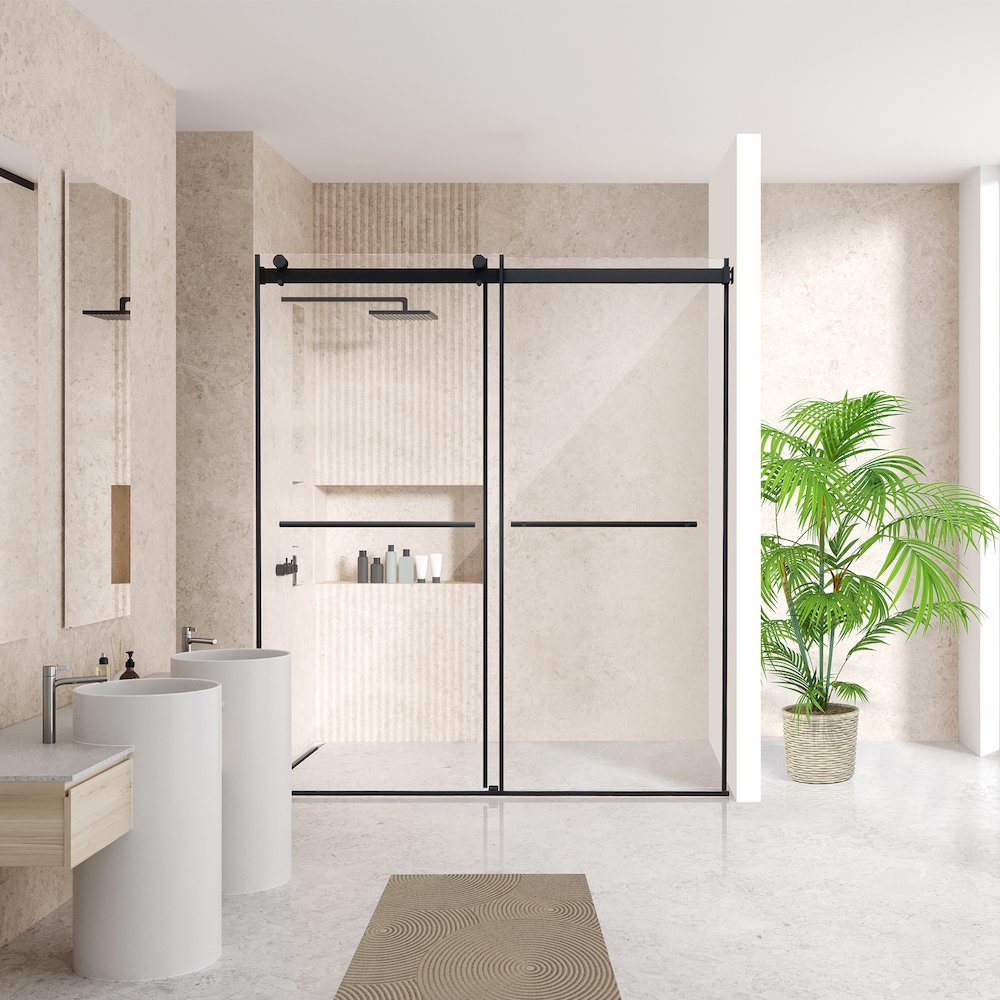 Frameless Exposed Roller Shower Door in Matte Black with Clear Glass. Picture 5