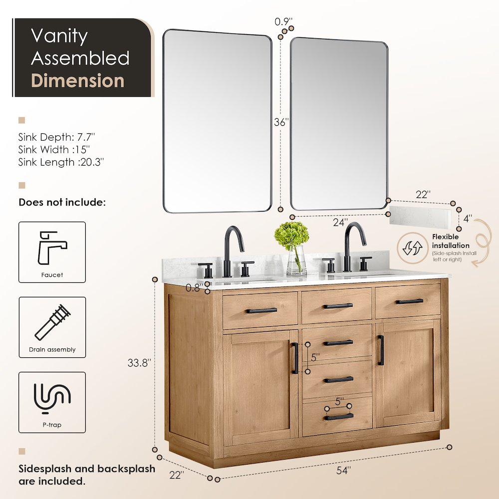 54" Double Bathroom Vanity in Light Brown with Grain White. Picture 11