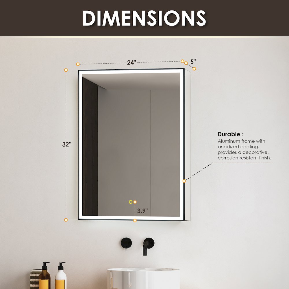 24"x32" Rectangular Bathroom Black Aluminum Mirror Medicine Cabinet. Picture 18